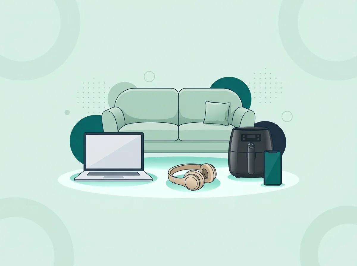 Produtos de várias categorias — sofá, laptop, fones, air fryer e celular