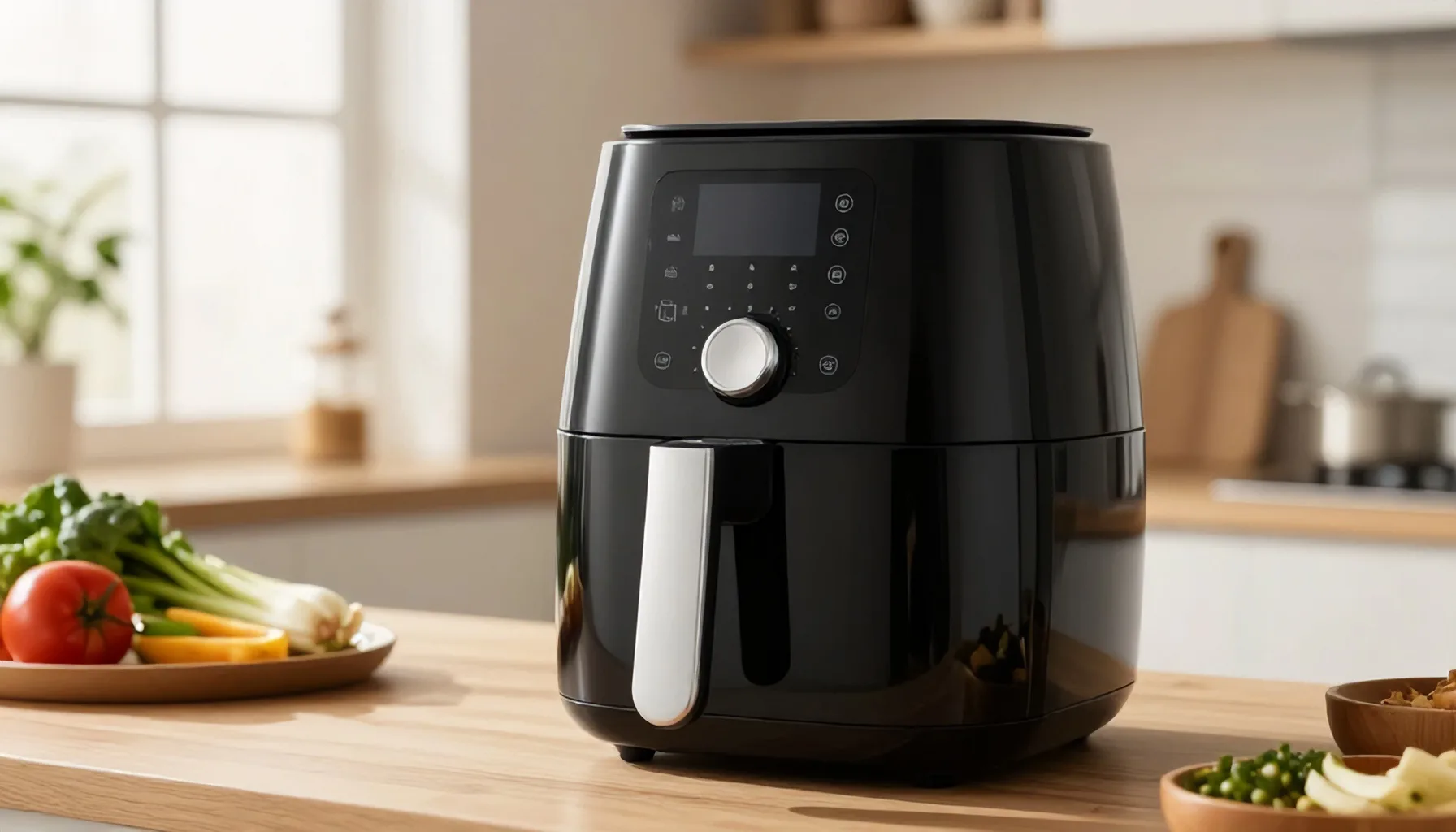 Air fryer em uma cozinha com ingredientes ao redor