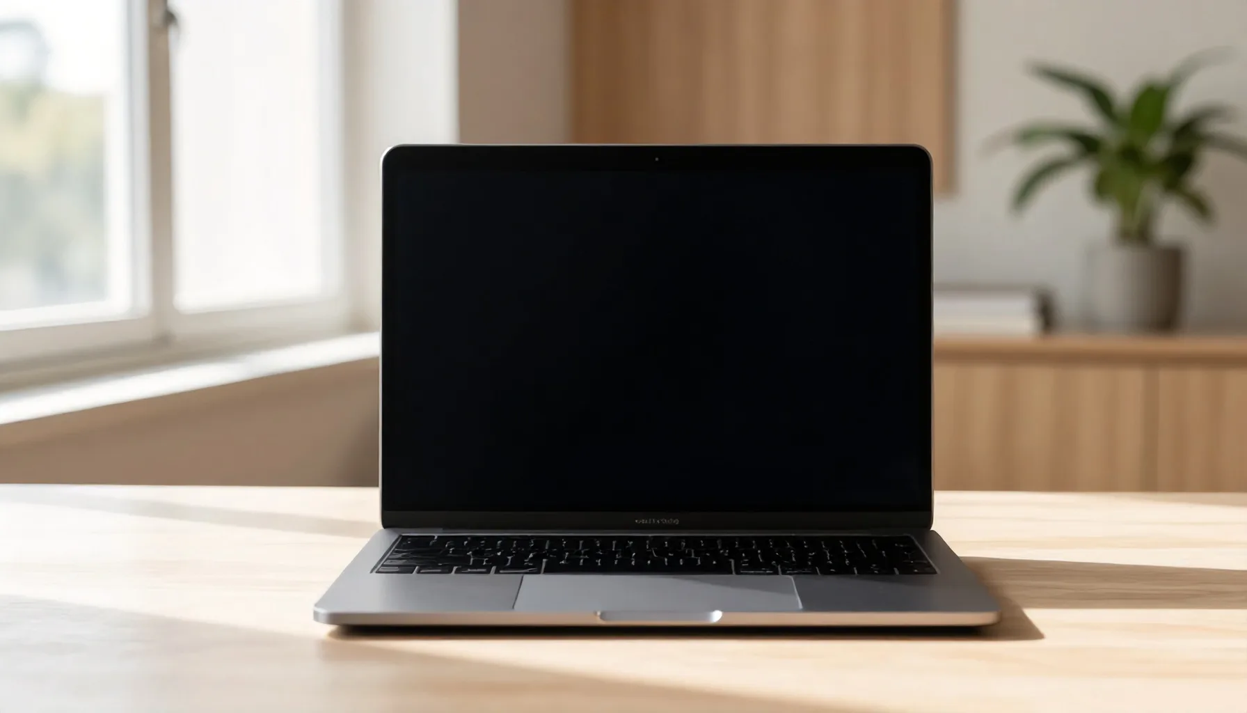 Um notebook moderno em uma mesa de trabalho com luz suave entrando pela janela