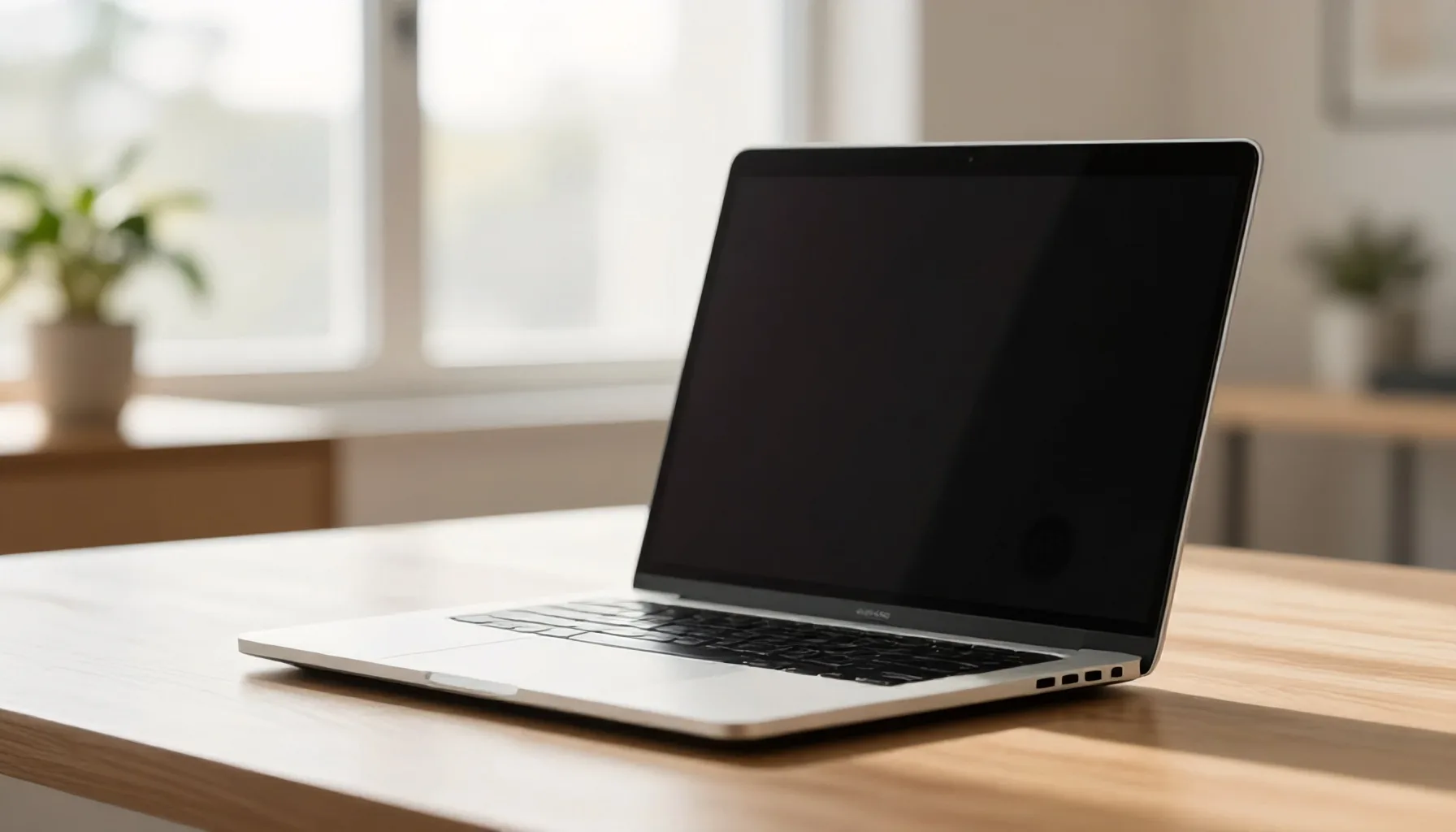 Um notebook moderno em uma mesa de trabalho com luz suave entrando pela janela