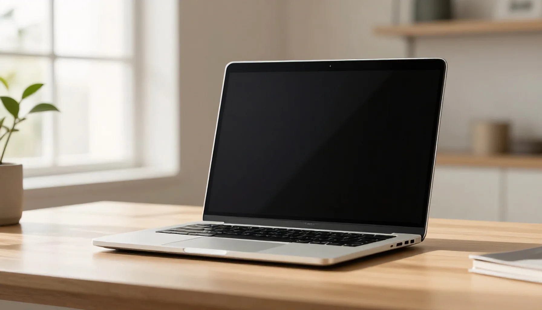 um notebook moderno sobre uma mesa de trabalho, com uma xícara e um bloco de notas ao lado