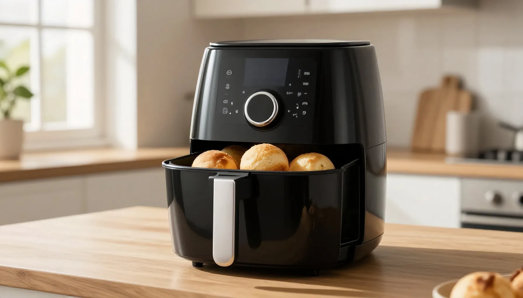 Pão de queijo na cesta de uma air fryer sobre uma bancada de cozinha