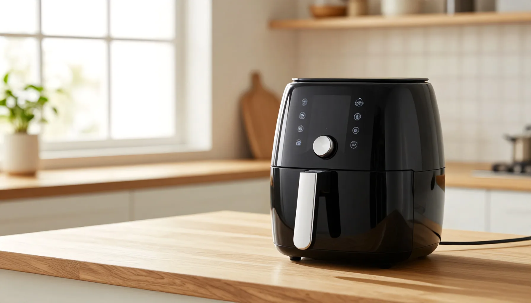 Fritadeira air fryer em funcionamento na bancada da cozinha