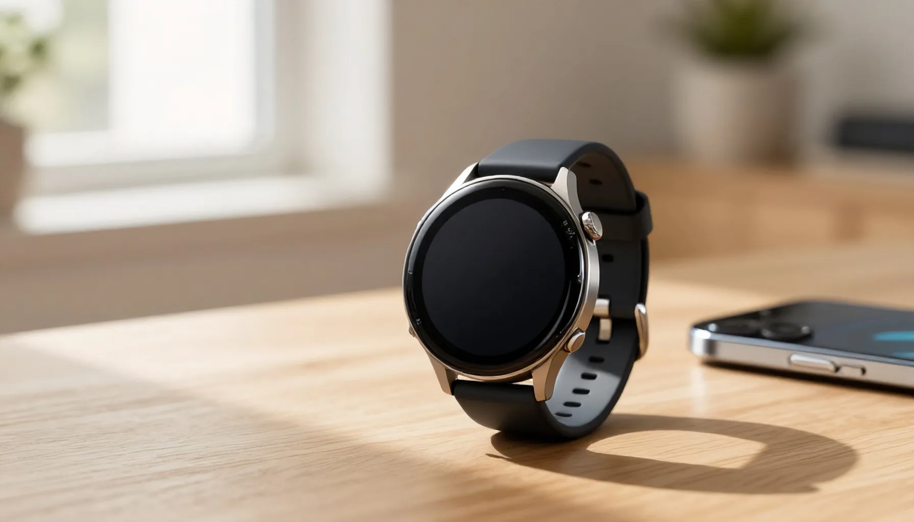 Samsung Galaxy Watch 8 em uma mesa de madeira com smartphone
