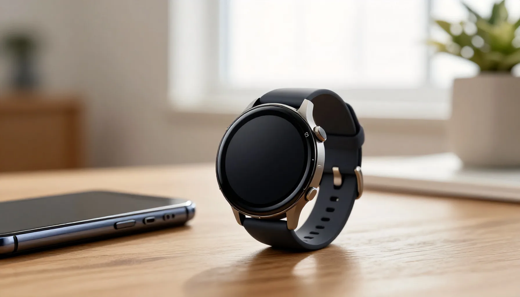 Samsung Galaxy Watch 8 em uma mesa de madeira com smartphone