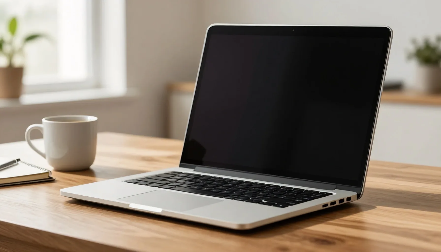 Um notebook Positivo em uma mesa de madeira com itens de escritório.