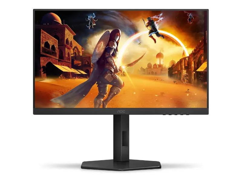 Mesa de trabalho com monitor de 27 polegadas ao lado de acessórios de escritório