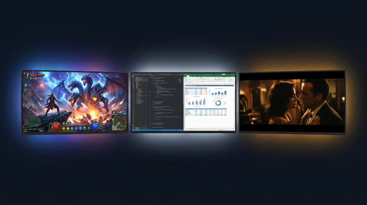 Monitor de 24 polegadas sobre uma mesa, com teclado e mouse ao lado